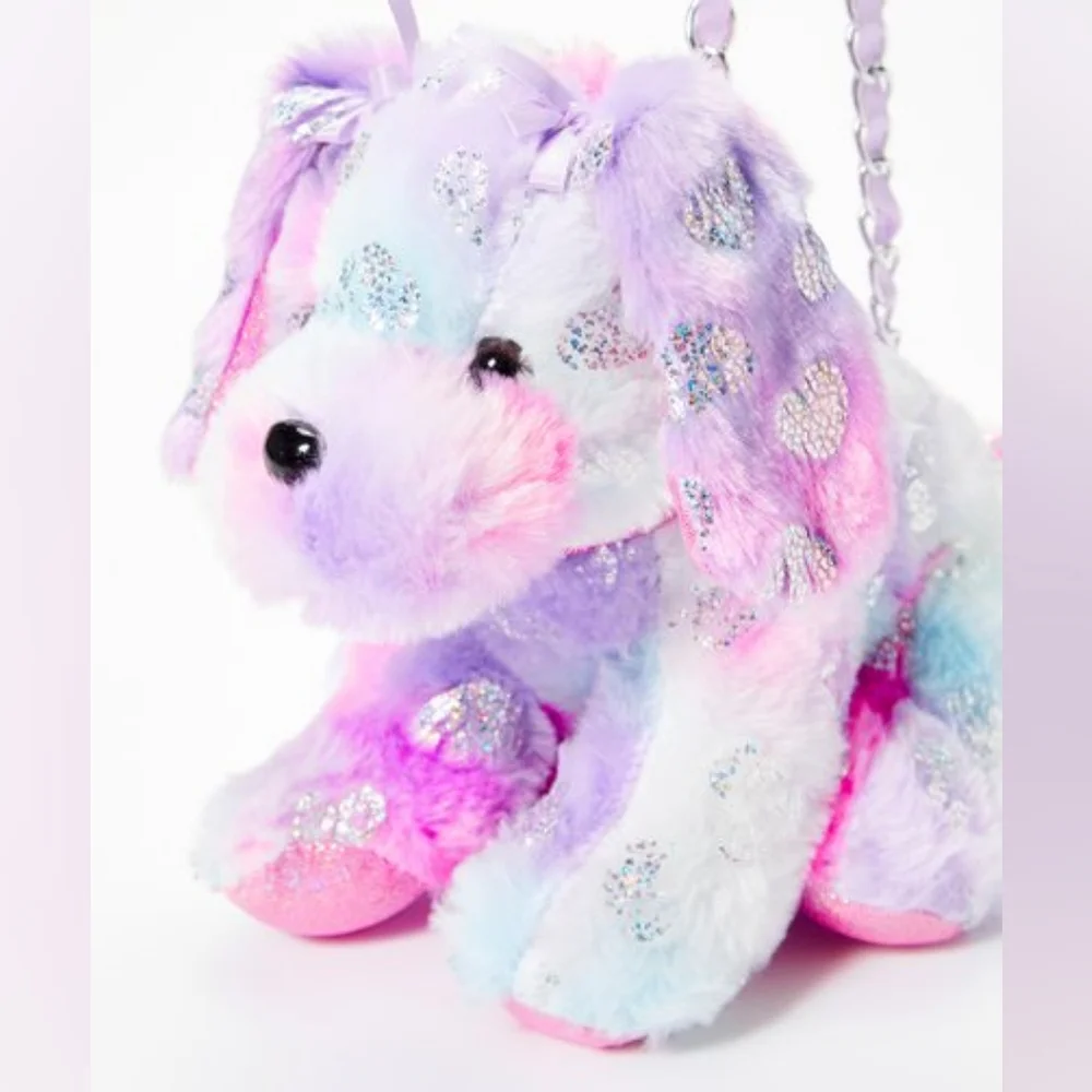 😺OLLY & FRIENDS Tie Dye Doggy with Foil Hearts in Pink/Purple BAG ON CHAIN